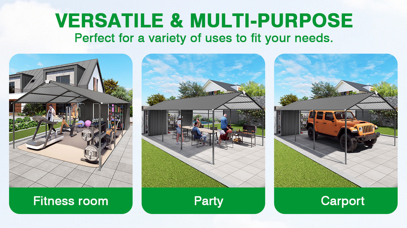 12x25 FT Galvanized Steel Carport with Car Shelter & Storage Shed