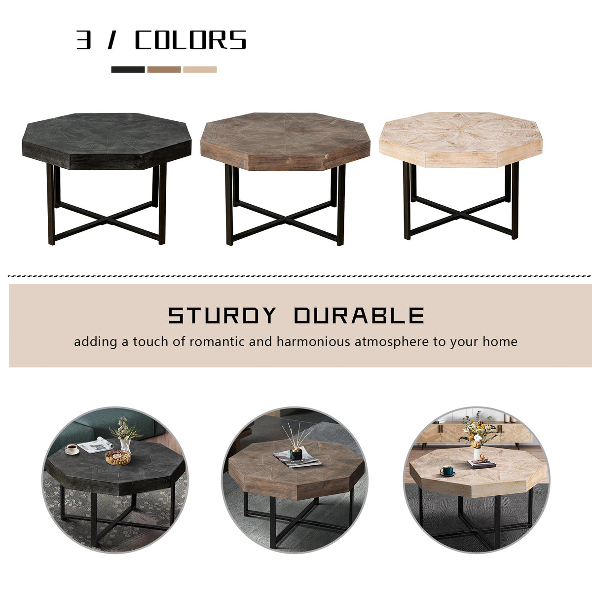 Wood Octagonal Vintage Patchwork Craft Farmhouse Coffee Table