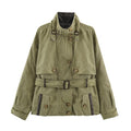 Womens Buttoned Belted Old-money-style Vintage Workwear Jacket