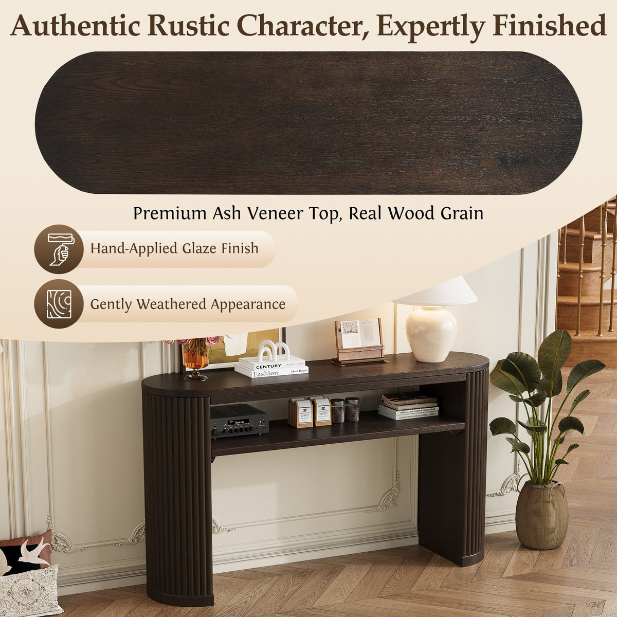 Trexm Rustic Console Table with Fluted Legs