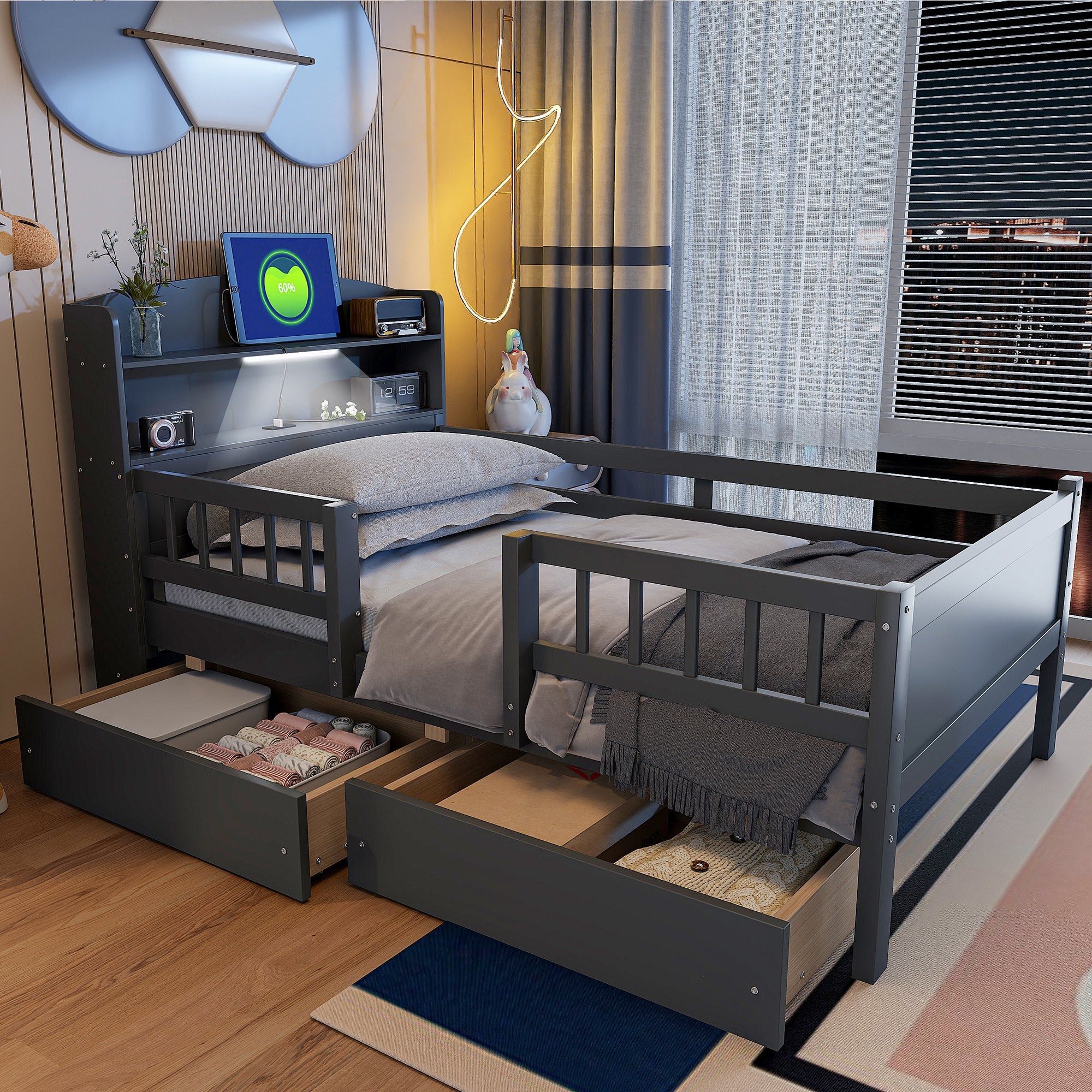 Wood Twin Size Platform Bed with Built-in LED Light