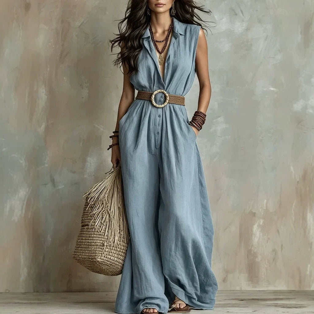 European And American Women's Fashion Cross-border Summer New Loose V-neck Sleeveless Solid Color Casual Elegant Buttoned Women's Jumpsuit