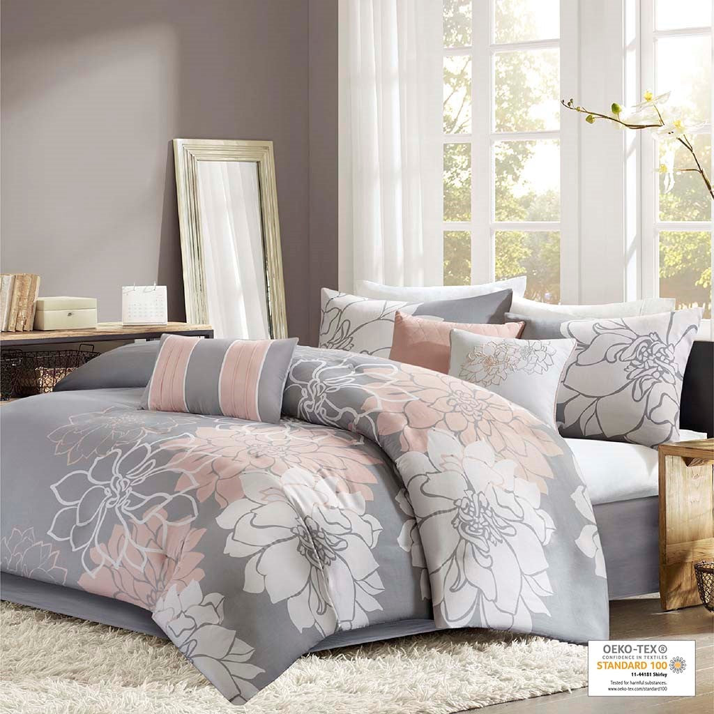 Printed Cotton Sateen Comforter Set Grey/Peach Queen