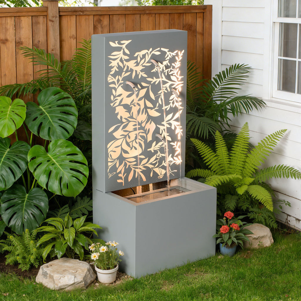 Light Gray Metal Leaf Cutout Water Wall Fountain