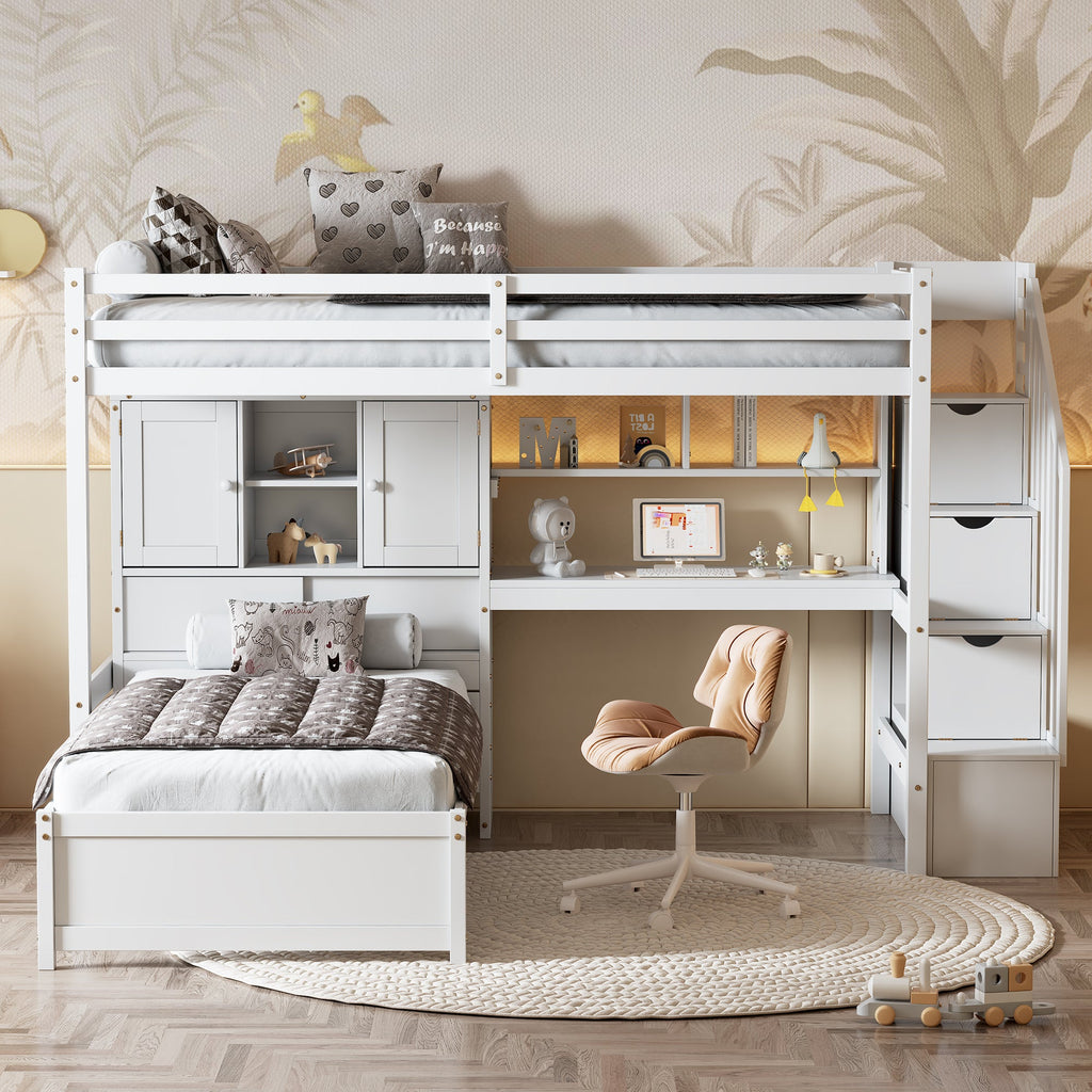 Twin Over Twin Loft Bed with Built-in Desk and Staircase