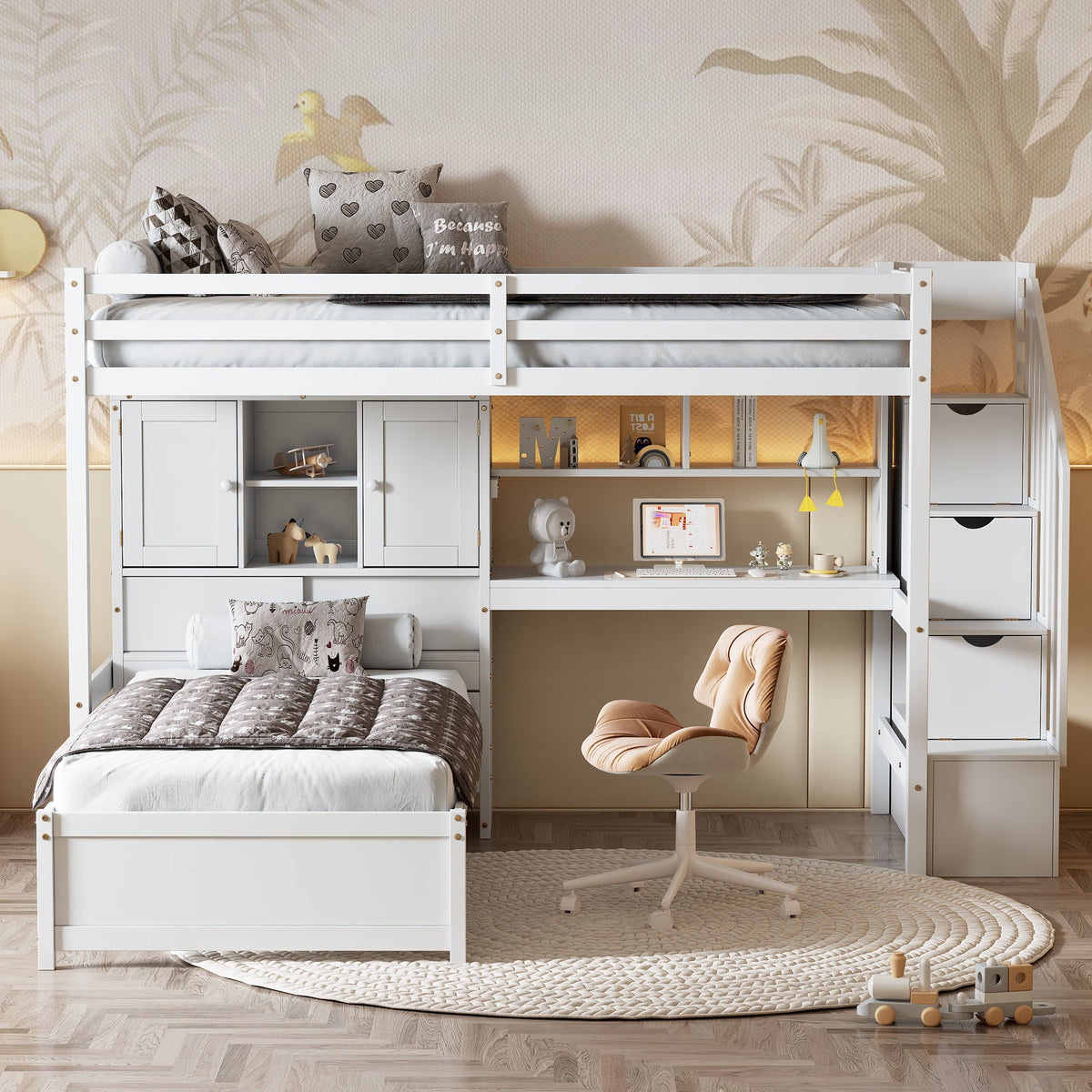 Twin Over Twin Loft Bed with Built-in Desk and Staircase