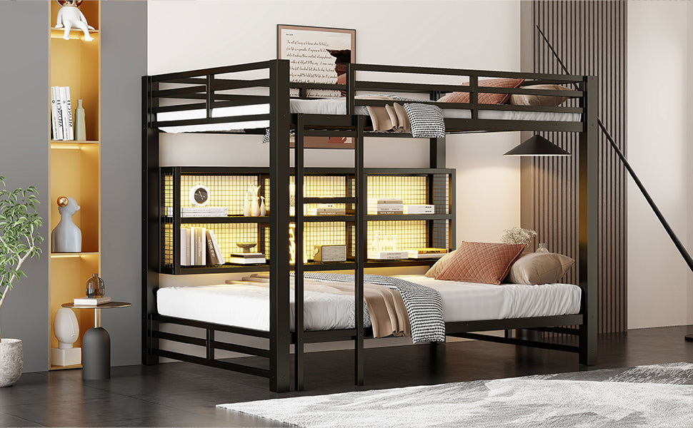 Metal Queen Over Queen Bunk Bed with Storage Cabinets and LED