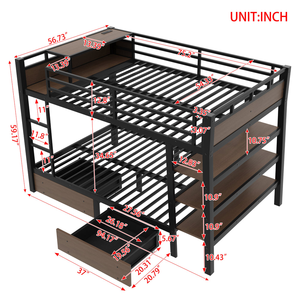 Full Size Metal Bunk Bed with Storage Shelves, LED Light Strip, and USB Power Strip