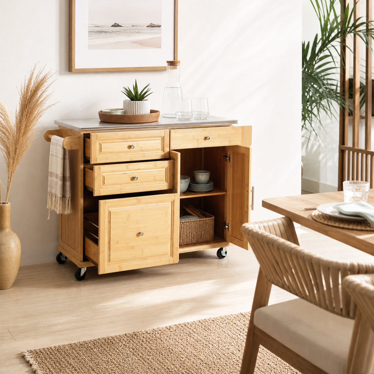 Indoor Bamboo Rolling Kitchen Island with Stainless Steel Top