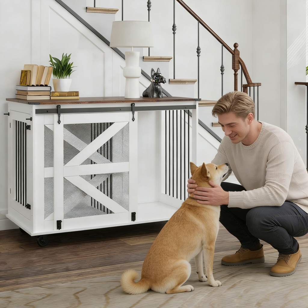47.2" Mobile Dog Crate with Flip-Top Feeding Door