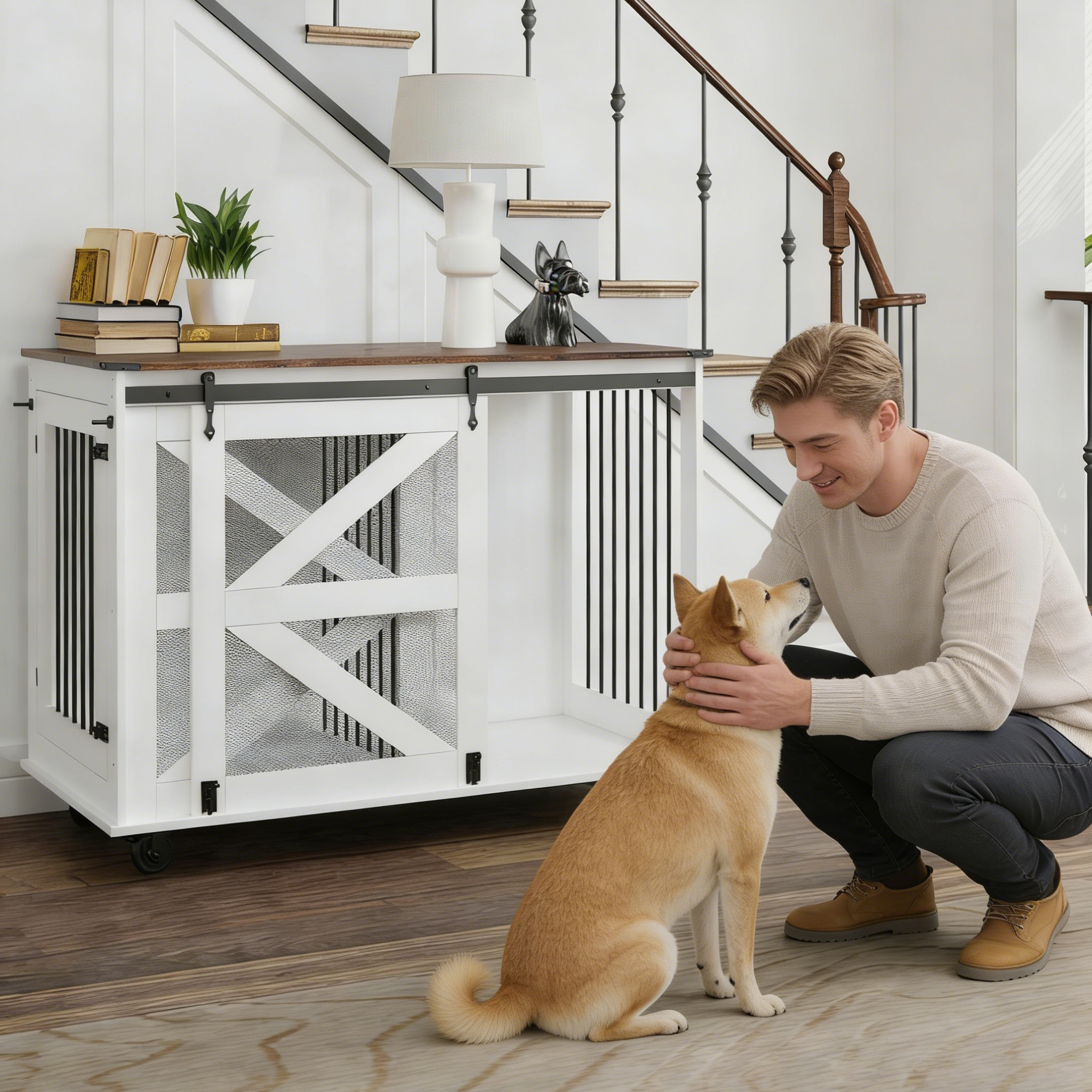 47.2" Mobile Dog Crate with Flip-Top Feeding Door