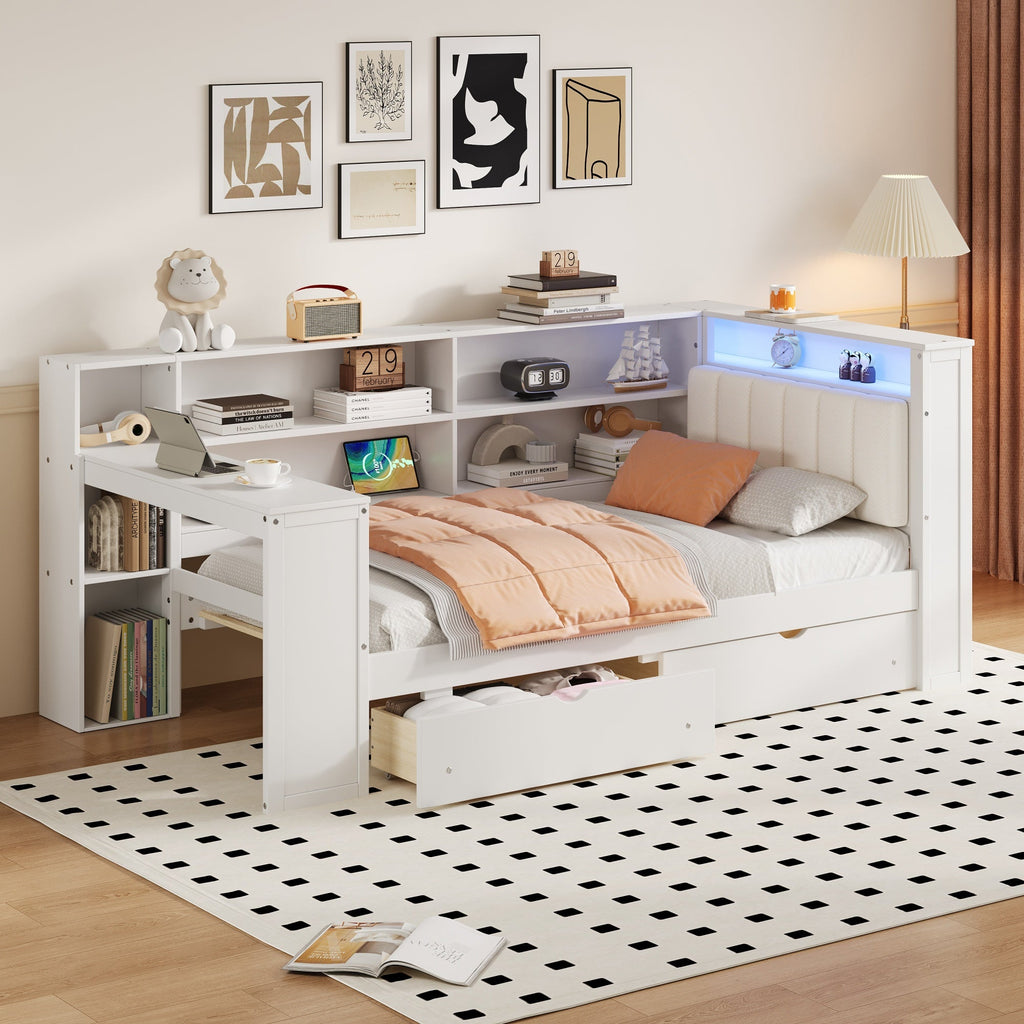 Wood Twin Size Platform Bed with Storage Shelves, Drawers, and LED