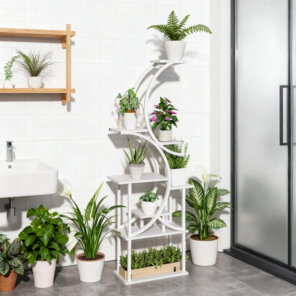 White S-Shaped Plant Stand - 8 Tier Plant Shelf