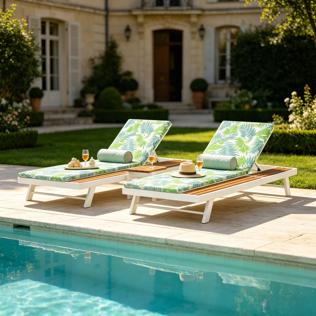 White Iron + Teak Finish Outdoor Chaise Lounge Set