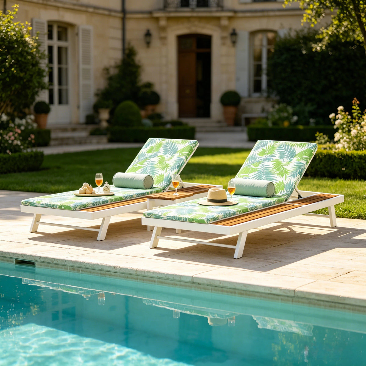 White Iron + Teak Finish Outdoor Chaise Lounge Set
