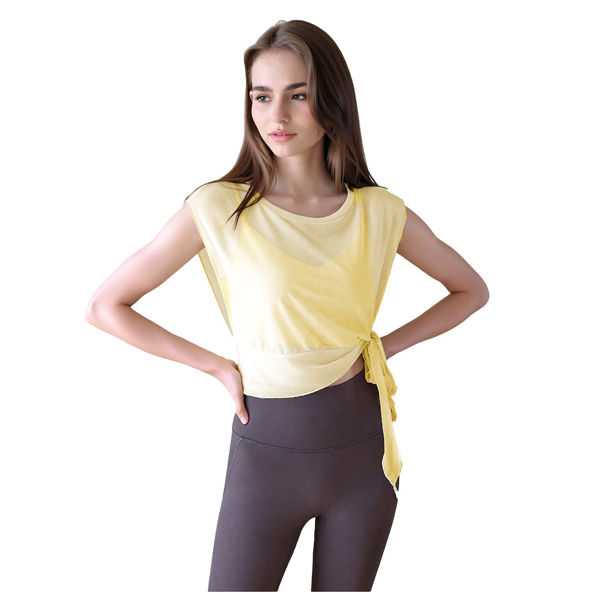 New Summer 2-Piece Yoga Outfit, Sports Short Sleeve Top With Built-in Bra Pads, Elegant Mesh Pilates Fitness Top