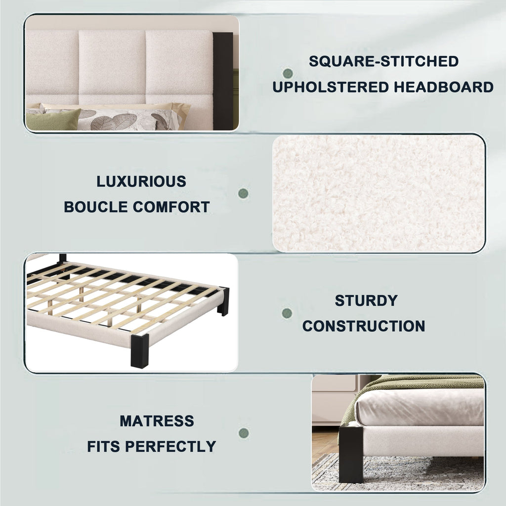 Boucle Queen Bed Frame with Square-Stitched Headboard