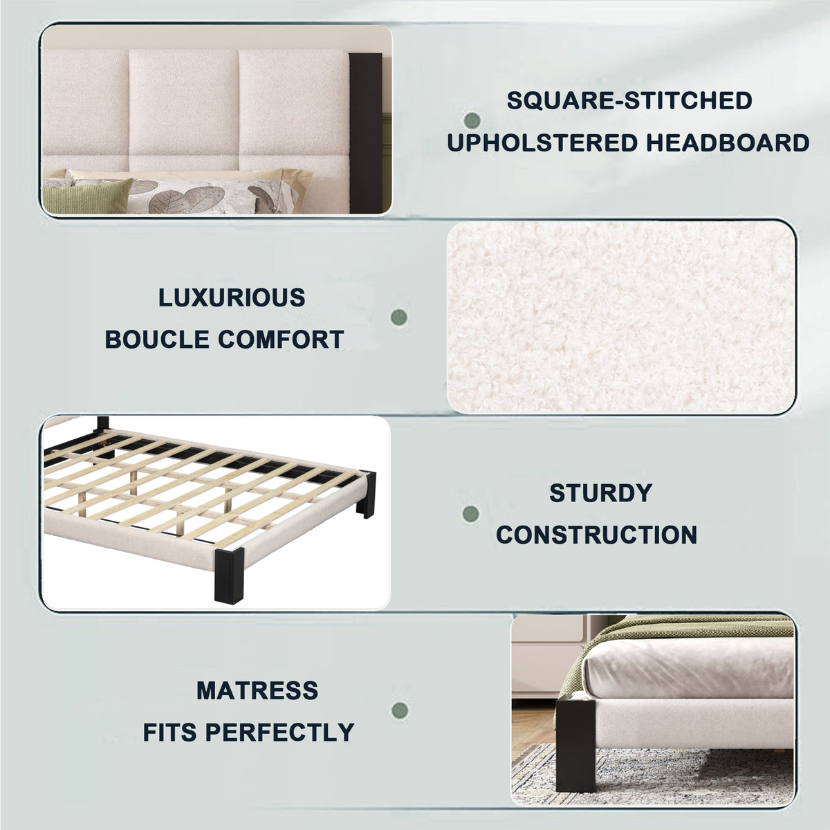 Boucle Queen Bed Frame with Square-Stitched Headboard