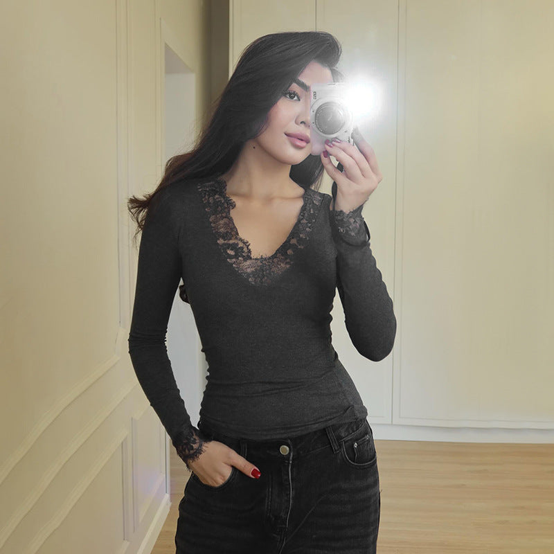 Y25Tp428 European And American Cross-Border Women's Clothing Autumn Amazon New V-Neck Lace Patchwork Waist-Revealing Crop Top