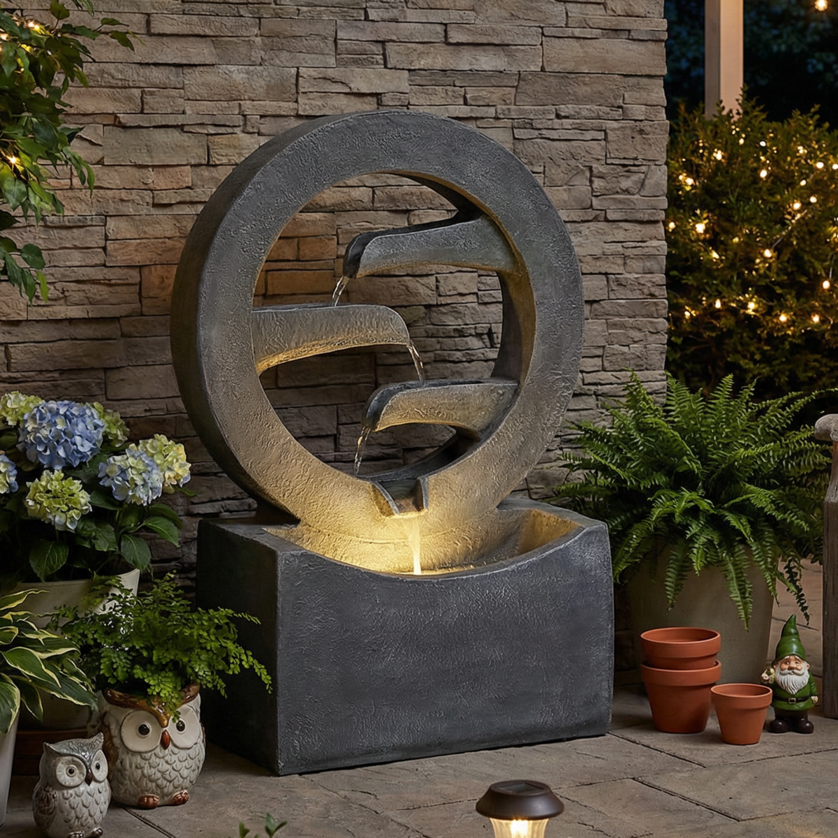 26.77"H Modern Circular Outdoor Fountain with LED Light