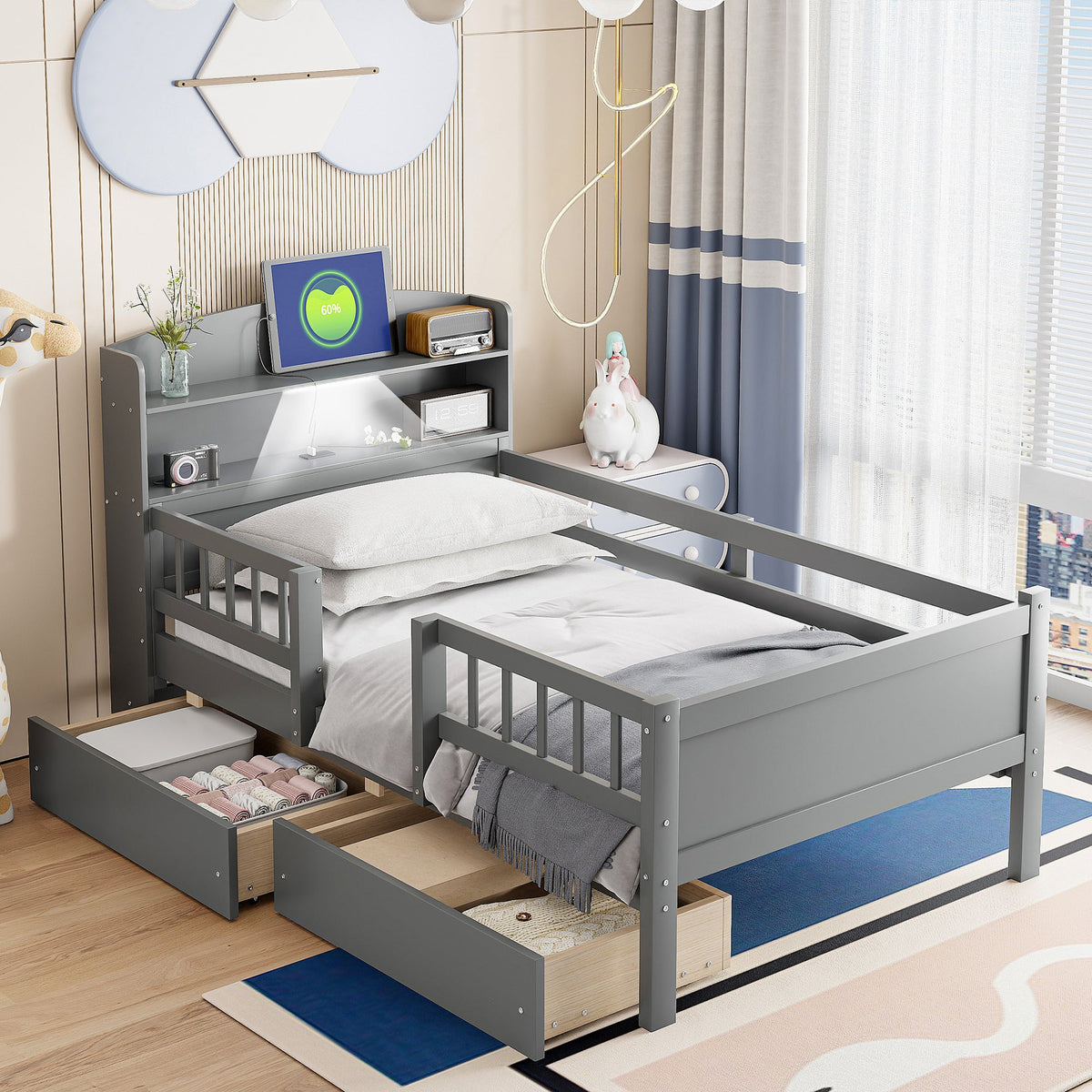 Wood Twin Size Platform Bed with Built-in LED Light