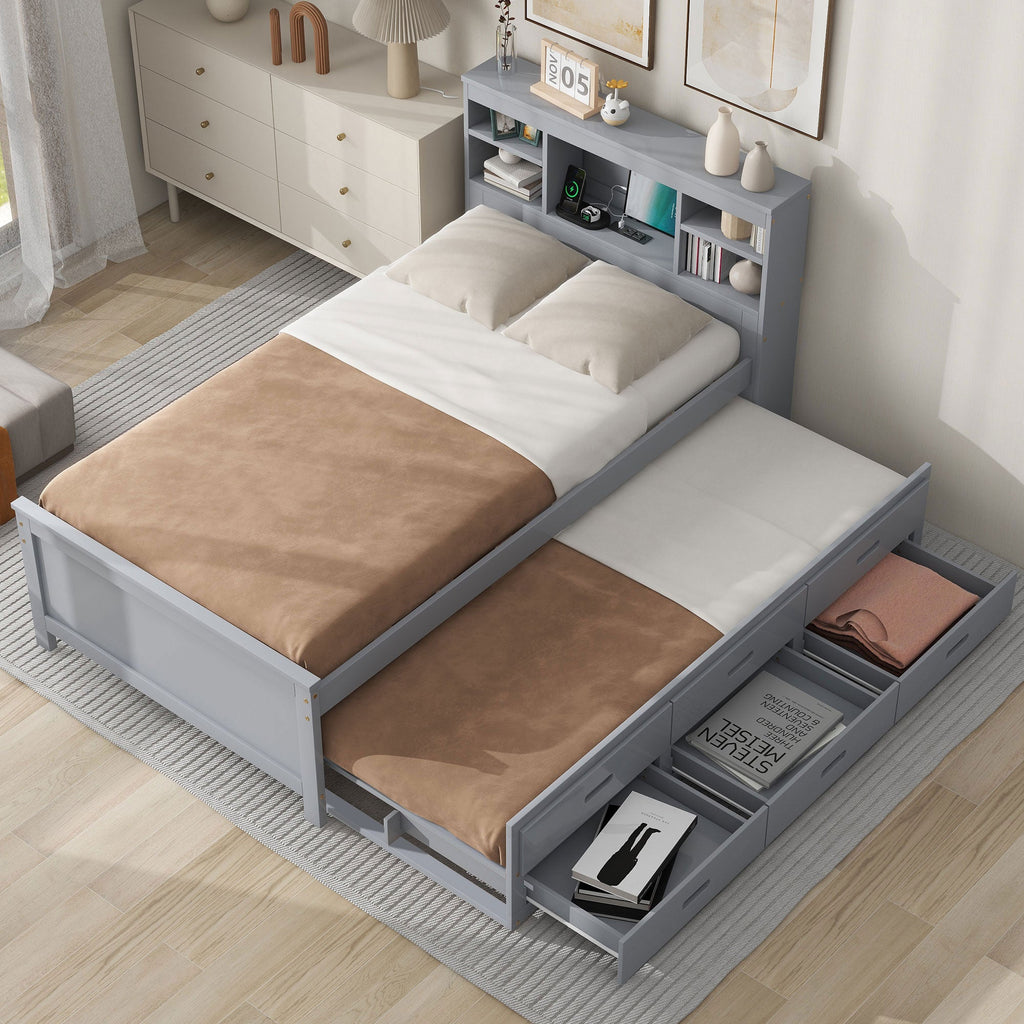 Twin Size Platform Bed with Storage Headboard and USB