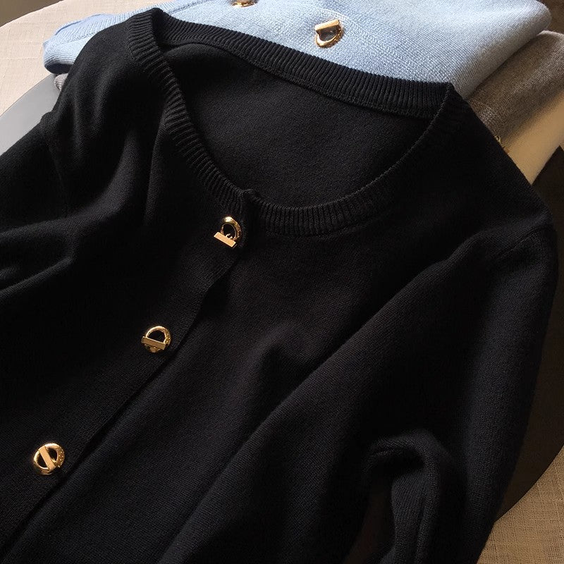 Core-spun Yarn French Style Knit Cardigan - Women's Round Neck Short Sweater Topcoat Casual Outerwear