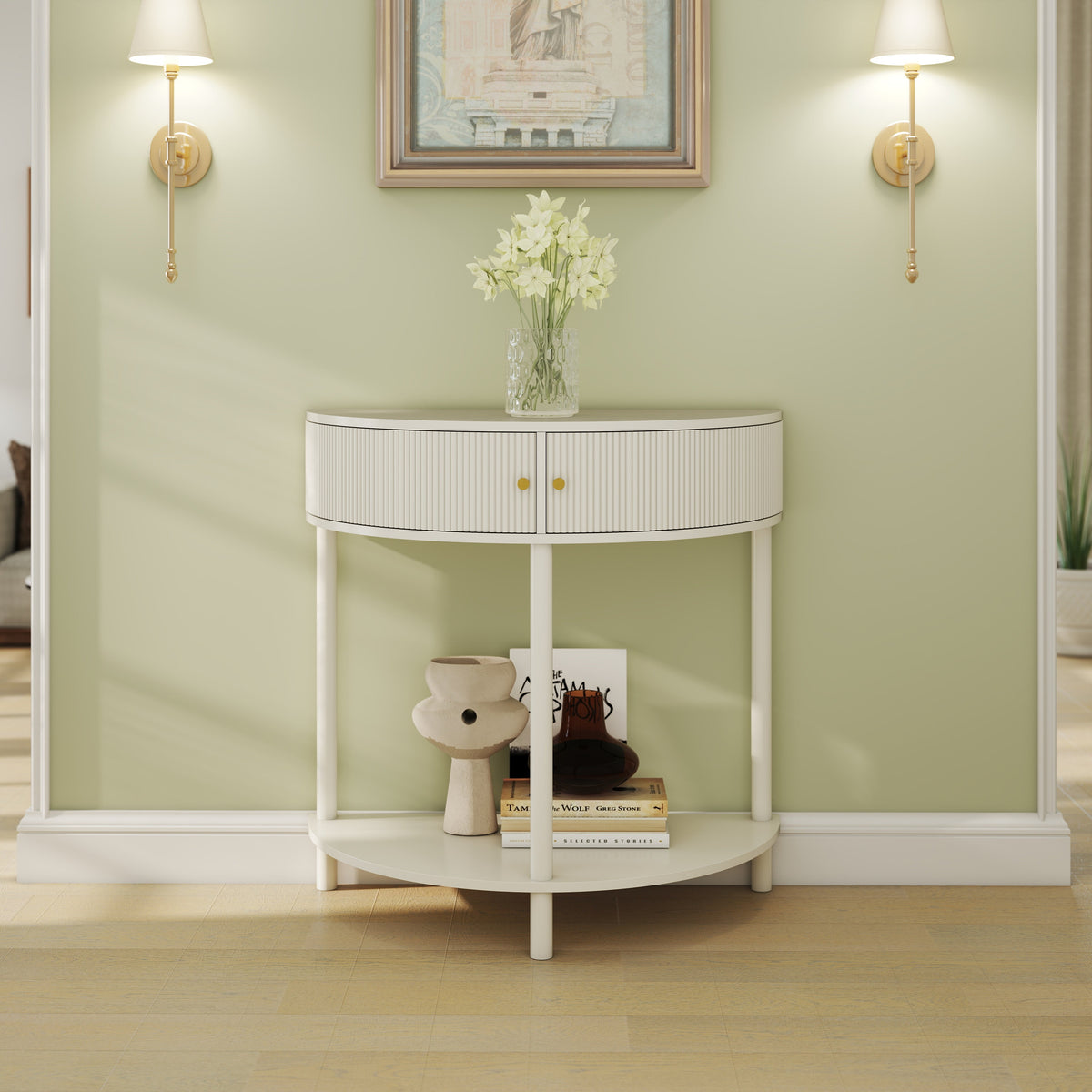 Artisan-Crafted Wave-Pattern Demi-Lune Console Table