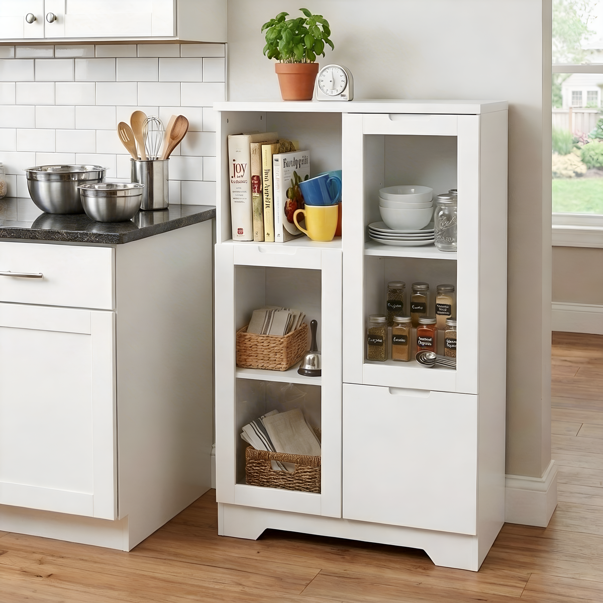 MDF Painted Cabinet with Glass Doors and Drawer
