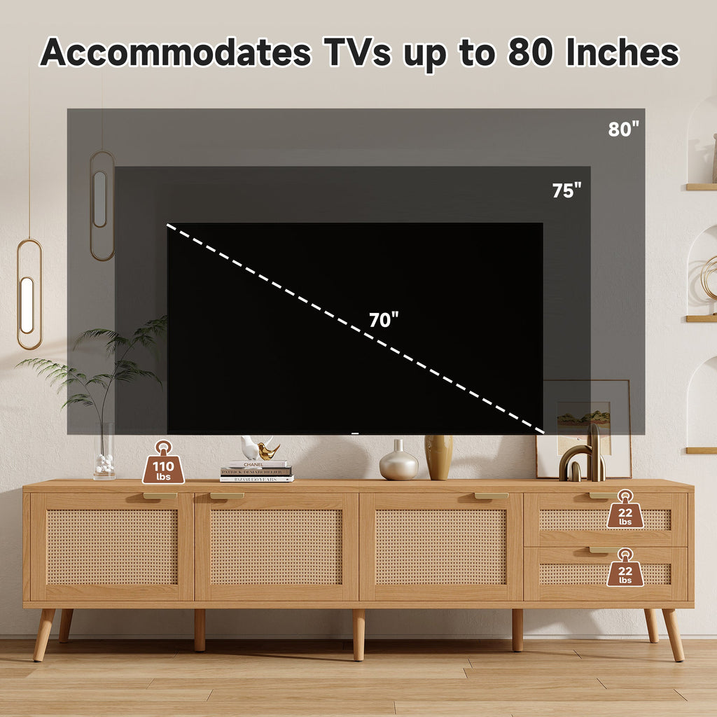 70 Inch Modern TV Stand with Rattan Doors for TVs up to 80"