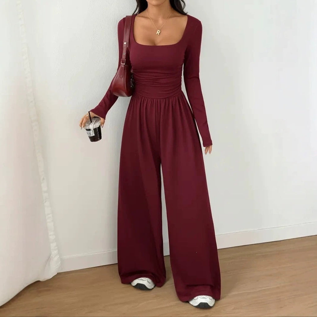 European And American Women's Clothing For Spring And Autumn, New Amazon Cross-border Women's Simple Style Solid Color Casual Long-sleeve Wide-leg Jumpsuit