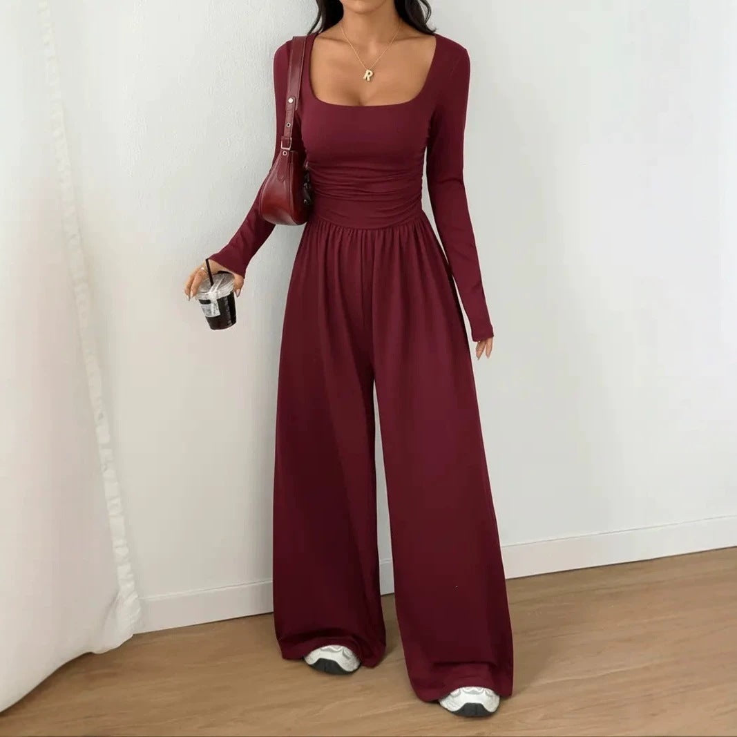 European And American Women's Clothing For Spring And Autumn, New Amazon Cross-border Women's Simple Style Solid Color Casual Long-sleeve Wide-leg Jumpsuit