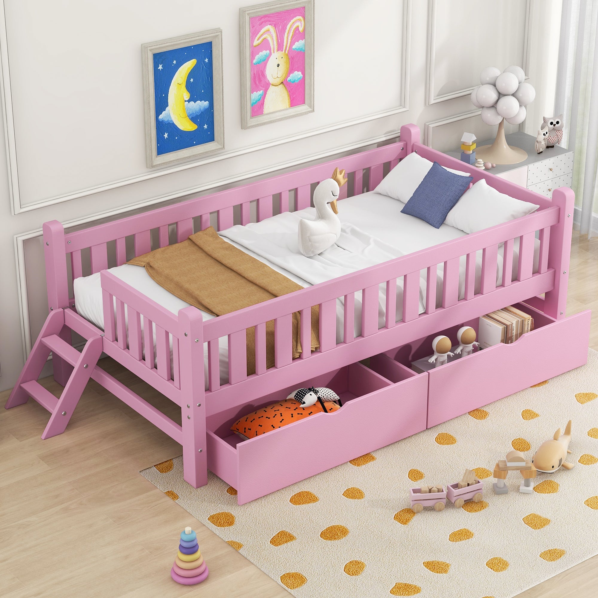 Wood Twin Size Platform Bed with Guardrail and 2 Drawers