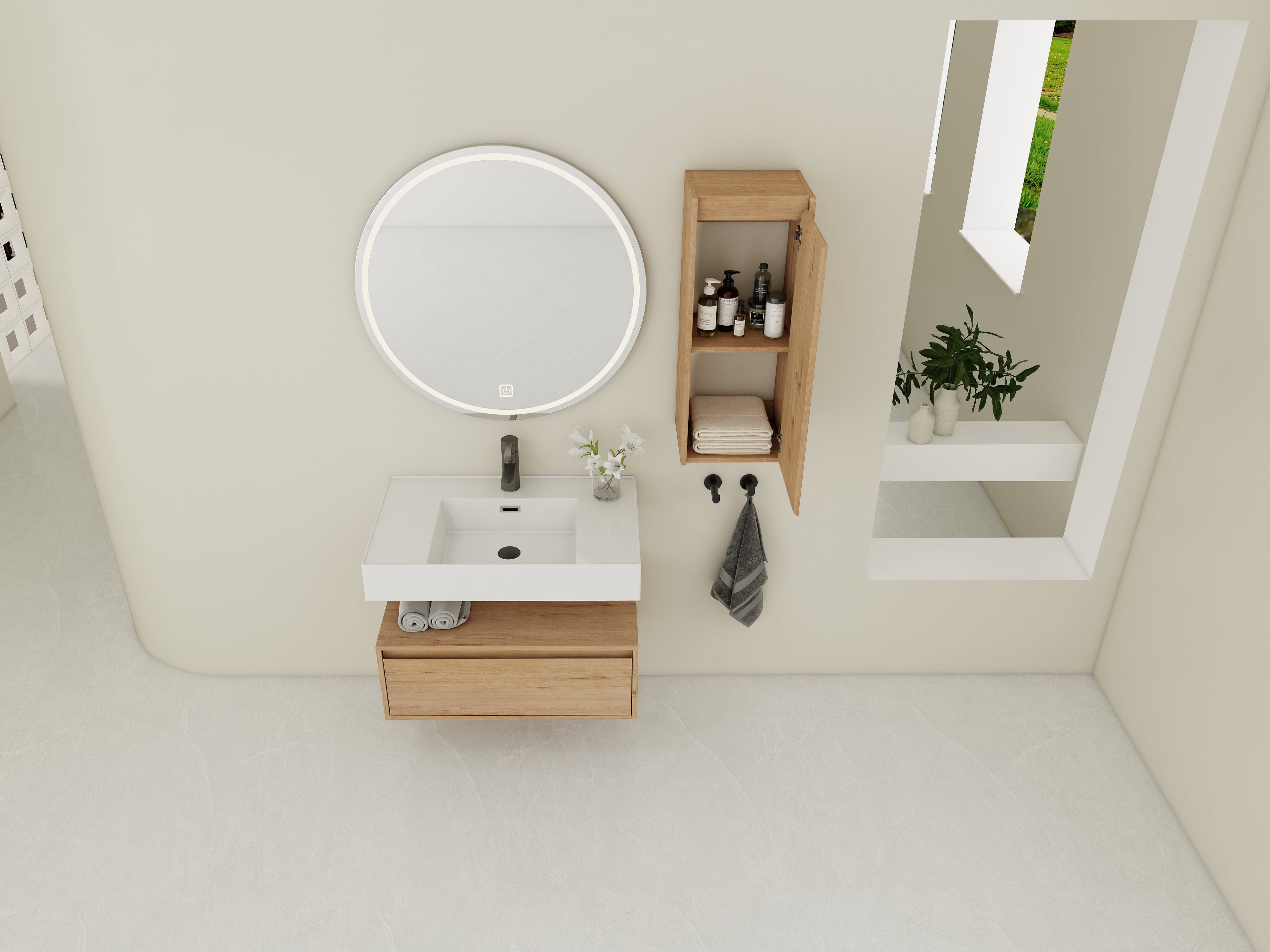 30 Inch Wall-Mounted Bathroom Vanity with Resin Sink and Side Cabinet