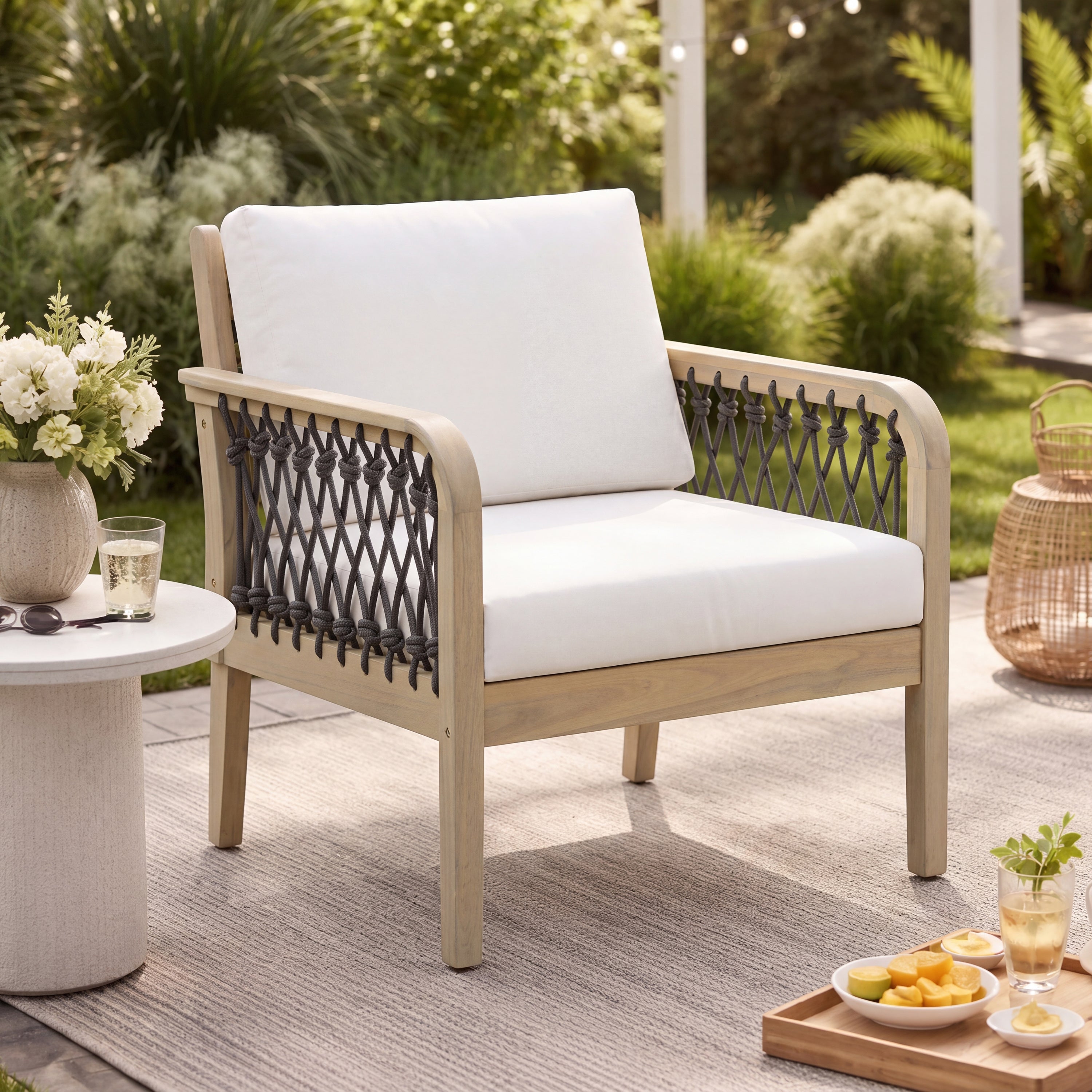 Outdoor Acacia Wood Club Chair with Handwoven Rope