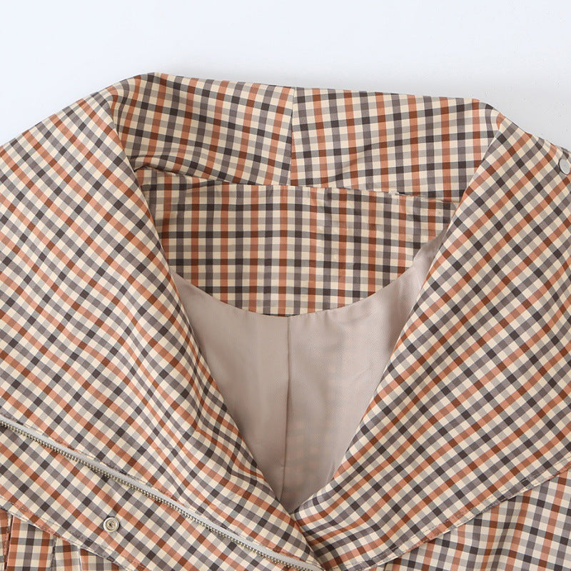 Womens Autumn Turn-down Collar Plaid Drawstring-waist Trench Coat