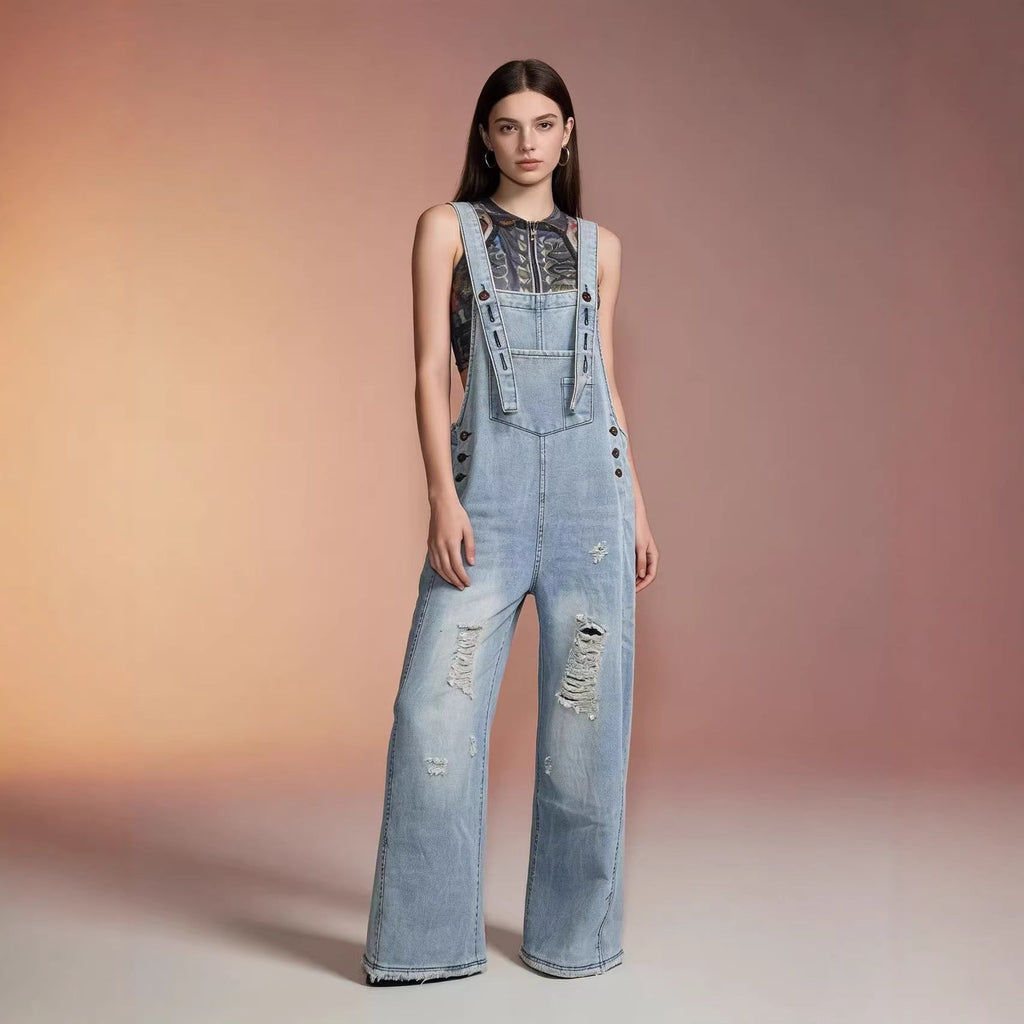 Women's Retro Loose-Fit Wide-Leg Denim Overalls