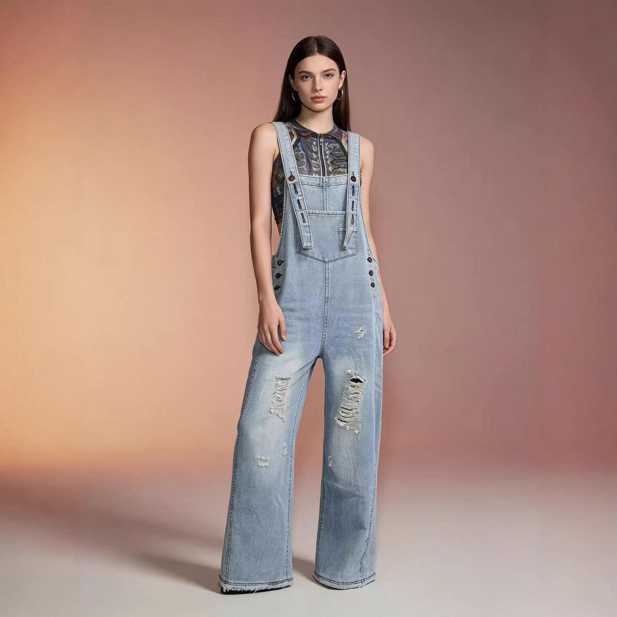 Women's Retro Loose-Fit Wide-Leg Denim Overalls
