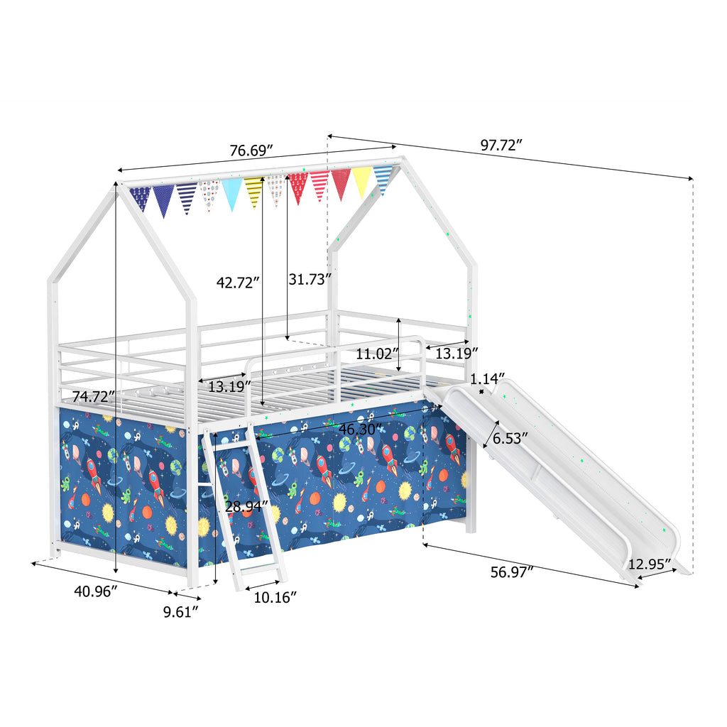 Jack Metal Junior House Twin Loft Bed with Slide and Curtain Set