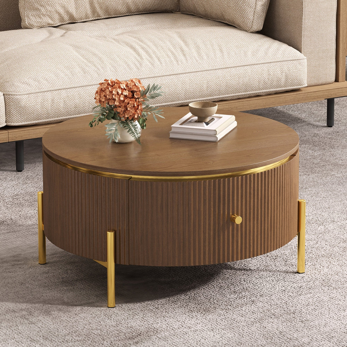 Modern Round Coffee Table with 2 Large Drawers