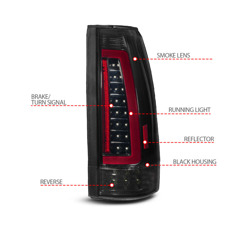 ANZO 88-99 Chevy/GMC C/K1500/2500/3500 Full LED Light Tube Taillights Black Housing Smoke Lens 311486