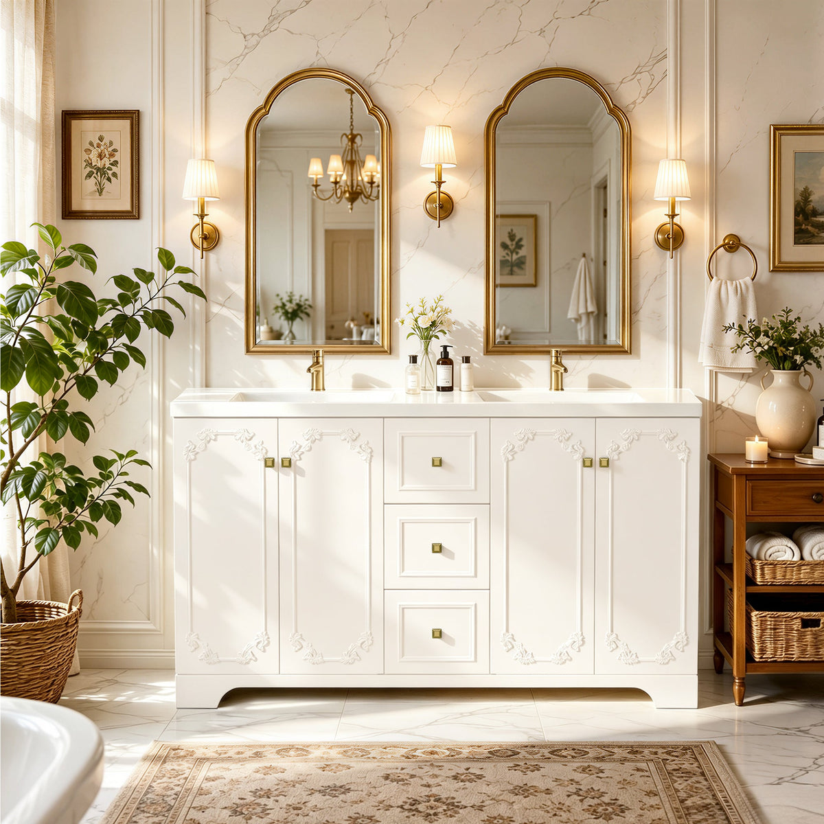 60" White French-Style Bathroom Vanity Cabinet