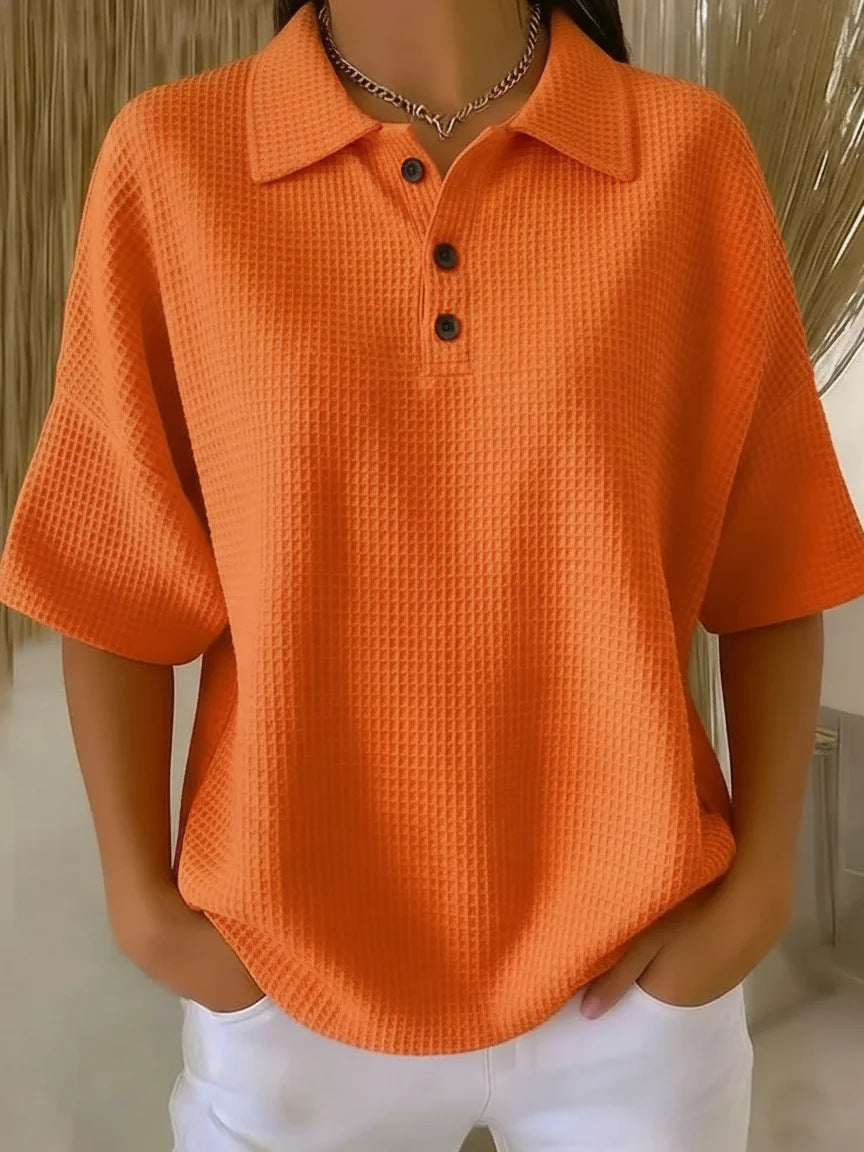 Cross-Border  Foreign Trade Fashion Waffle Short-Sleeved T-Shirt Solid Color Button T-Shirt Polo Collar Pullover Loose Top