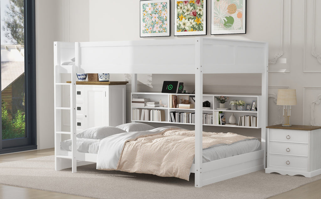 Queen Over Queen Bunk Bed with Storage Cabinets and USB Ports