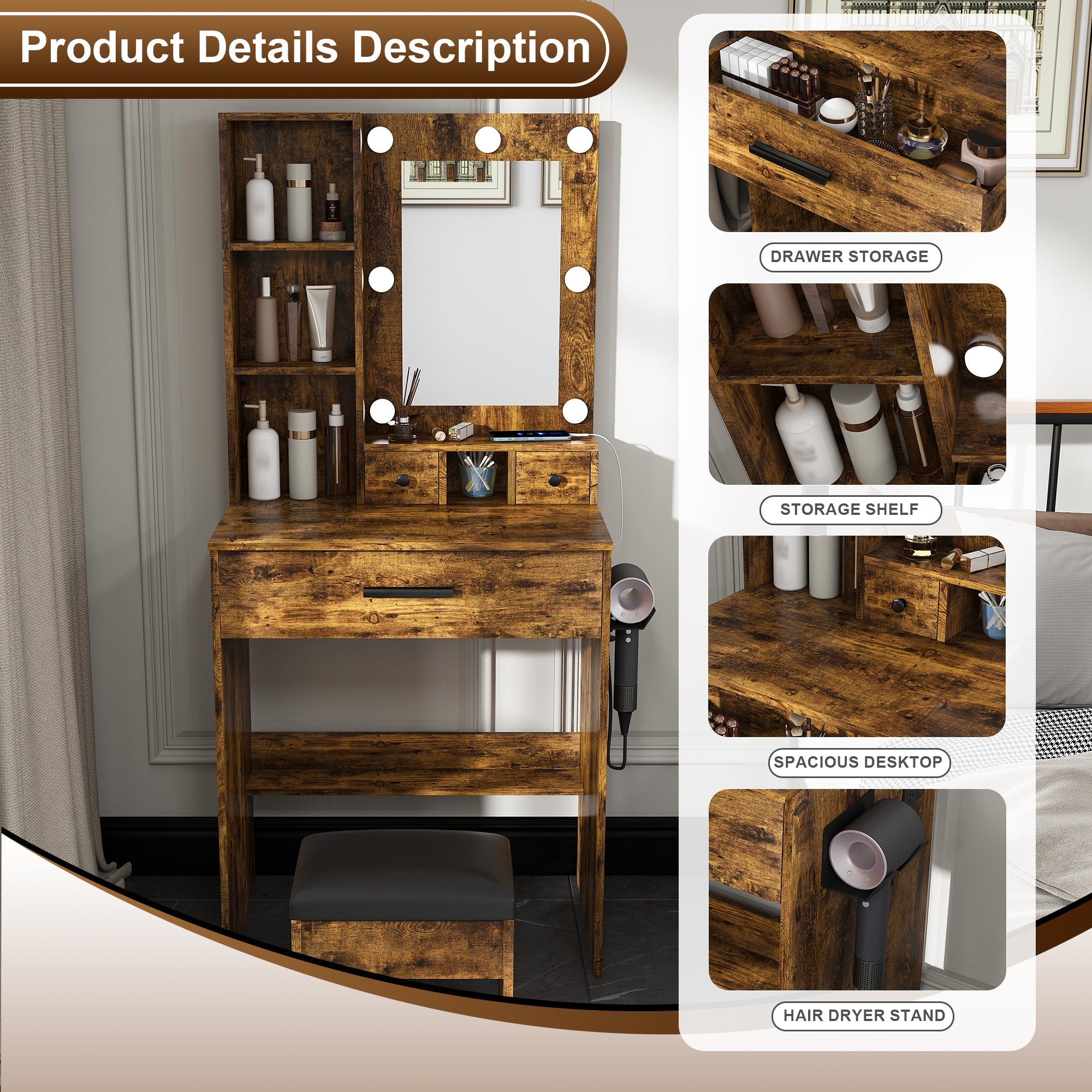 Vanity Table with Mirror & Adjustable LED Lights