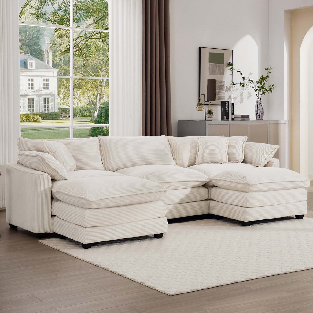 Oversized Modular Cushion Sofa With Ottomans, Comfy Upholstered U Shaped Convertible Corner Sectional Sofa Couch - Light