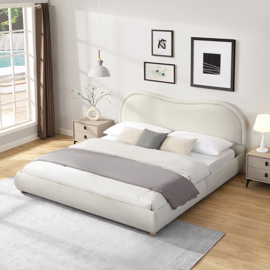 King Size Upholstered Platform Bed Frame with Rounded Corners