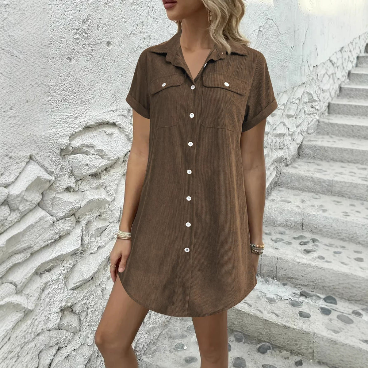 Independent Site Cross-Border Foreign Trade Retro Casual Corduroy Shirt Dress Loose Slimming Short-Sleeve Turn-Down Collar Dress Women's Clothing