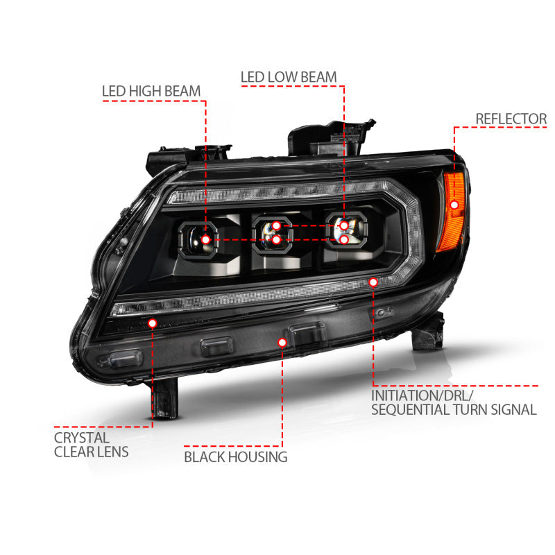 ANZO 15-22 Chevy Colorado Blk Housing Full LED DRL Projector Headlight w/ Sequential Light Bar 111634