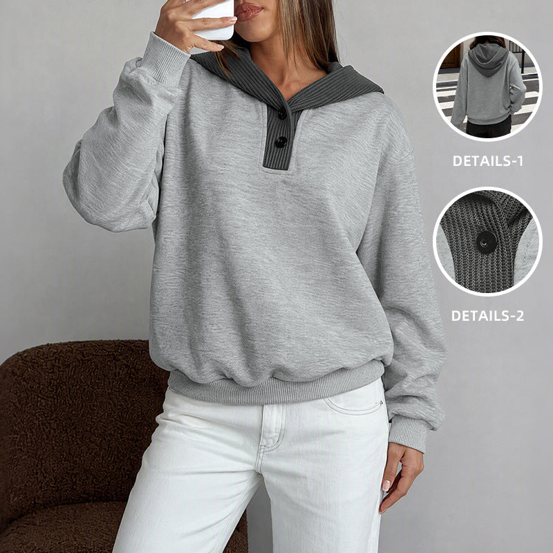 Women's Relaxed-fit Loose-fitting Patchwork Color-block Hooded Sweatshirt